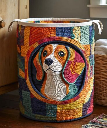 Patchwork Beagle Quilted Laundry Basket — Cute Dog-Themed Foldable Hamper, Durable Cotton Canvas Organizer For Home