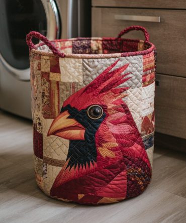 Patchwork Cardinal Quilted Laundry Hamper — Colorful Patchwork Bird Design Collapsible Fabric Basket With Sturdy Handles, Stylish Home Organizer