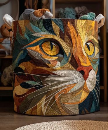 Patchwork Cat Quilted Laundry Hamper — Colorful Patchwork Cat Design Collapsible Fabric Basket With Durable Quilting, Reinforced Handles & Washable Cover