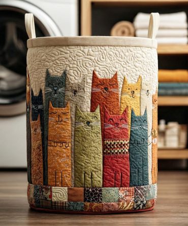 Patchwork Cats Quilted Laundry Hamper — Vintage Patchwork Cat Print Collapsible Storage Basket For Cozy Interiors
