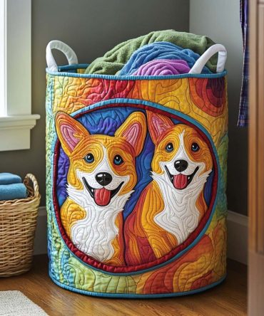 Patchwork Corgi Smile Quilted Laundry Hamper — Colorful Foldable Fabric Basket, Durable Handles, Playful Home Organizer