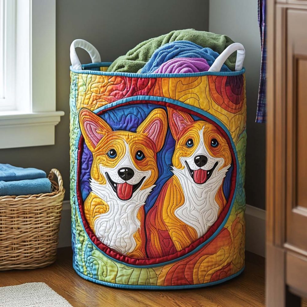 Patchwork Corgi Smile Quilted Laundry Hamper — Colorful Foldable Fabric Basket, Durable Handles, Playful Home Organizer