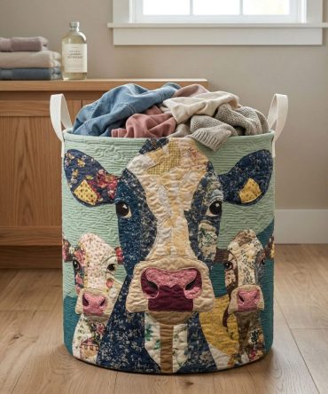 Patchwork Cow Family Quilted Laundry Hamper — Cozy Patchwork Cow Design Foldable Cotton-Linen Bin With Handles For Family Rooms