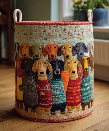 Patchwork Dachshunds Quilted Laundry Hamper — Colorful Foldable Laundry Basket With Handles For Cute, Functional Home Storage