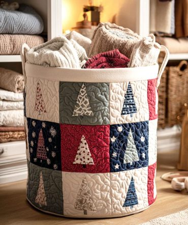Patchwork Forest Squares Quilted Laundry Hamper — Rustic Patch Design, Durable Fabric Bin With Handles, Foldable Clothing Storage