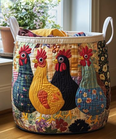 Patchwork Hens Quilted Laundry Hamper — Colorful Patchwork Hen Print Foldable Laundry Basket With Handles For Cozy Country Storage
