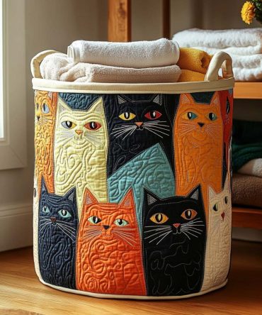 Patchwork Kitties Quilted Laundry Hamper — Colorful Cat Patchwork Fabric Basket, Foldable Laundry Bin With Handles For Kids & Nurseries