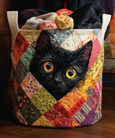 Patchwork Kitty Quilted Fabric Hamper — Cute Foldable Laundry Basket With Handles For Kids’ Rooms & Playroom Storage