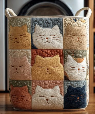 Patchwork Meowy Quilted Laundry Hamper — Colorful Patchwork Kitty Collapsible Storage Basket For Playful, Practical Organizing