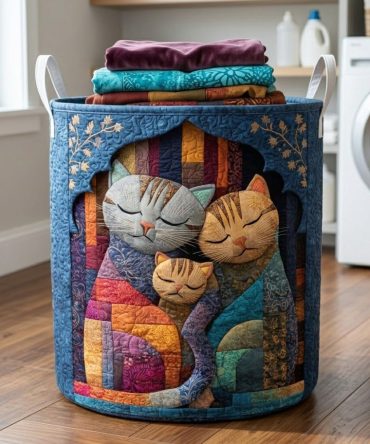 Patchwork Purrs Quilted Storage Hamper — Large Patchwork Cat Design Laundry Basket, Washable Cotton, Collapsible & Durable Organizer