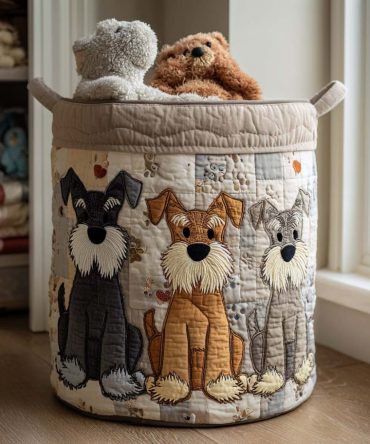 Patchwork Schnauzer Quilted Laundry Hamper — Playful Schnauzer Patchwork Quilted Laundry Basket, Collapsible With Sturdy Handles