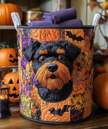 Patchwork Schnauzer Quilted Laundry Hamper — Playful Patchwork Dog Design Collapsible Laundry Basket With Soft Quilting And Reinforced Handles