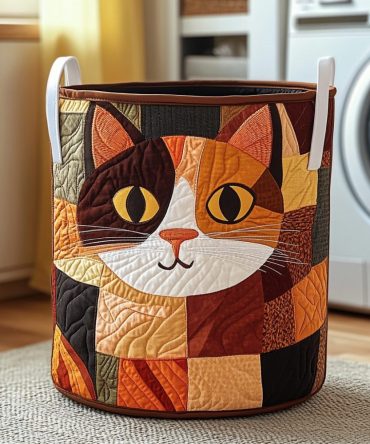 Patchy Cat Quilted Hamper — Stylish Patchwork Cat-Print Foldable Laundry Basket With Handles For Modern Nurseries & Cozy Bedrooms