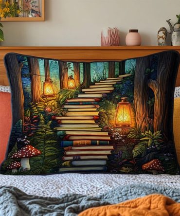 Pathway Of Stories Quilted Pillow Cover — Storybook Quilted Decorative Pillowcase With Charming Scenic Motif For Cozy Interiors