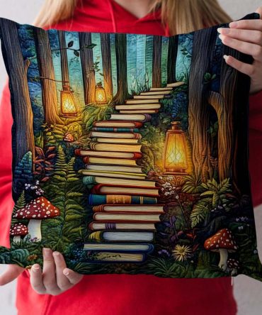 Pathway Of Stories Quilted Pillow Cover – Literary-Themed Decorative Cushion Case For Book Lovers, Reading Nook & Cozy Spaces (Soft, Washable)