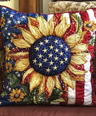 Patriot Bloom Quilted Decorative Pillow Cover — Patriotic Floral Throw Pillow Case For Home, Porch & Living Room Accents