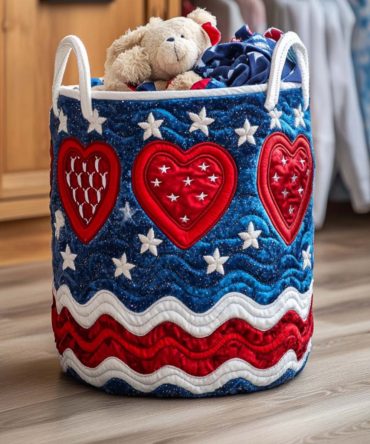 All-Purpose Quilted Laundry Hamper — Patriot Heart Design, Foldable Storage Basket With Comfortable Carry Handles