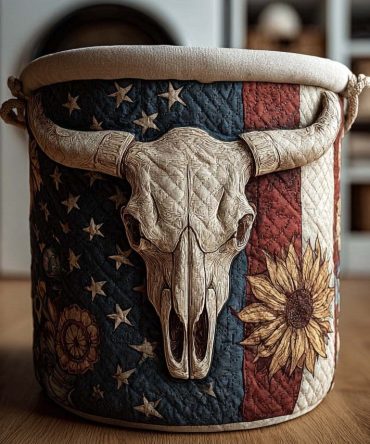 Patriot Longhorn Quilted Laundry Hamper - Americana Decorative Collapsible Storage Basket With Sturdy Handles For Home