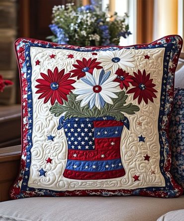 Patriot Petals Quilted Pillow Cover - Star-Spangled Floral Throw For 4Th Of July Parties, Porch & Living Room Accent