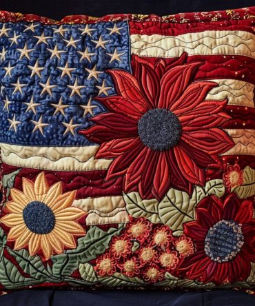 Patriotic Blossoms Quilted Pillowcase — Red, White & Blue Floral Decorative Pillow Cover, Festive Cotton-Blend Accent For Holiday & Everyday