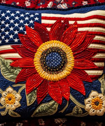American Red Sunflower Quilted Pillowcase Cover — Patriotic Sunflower Decorative Pillow Sham, Quilted Floral Accent For Homes & Holidays