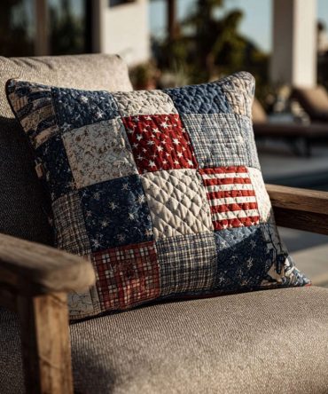 Patriotic Patch Blocks Quilted Pillow Sham - Red White Blue Patchwork, Soft Cotton Cover, Holiday & Everyday Decor