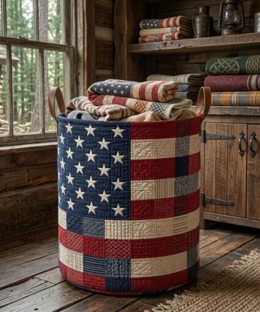 Patriotic Prairie Star Quilted Laundry Hamper - Red White Blue Country Quilt Print, Foldable Durable Fabric Basket For Holiday Decor