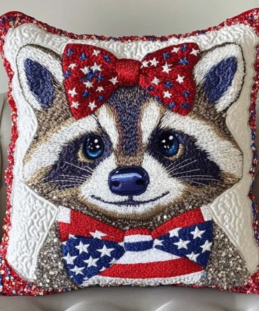 Patriotic Raccoon Quilted Throw Pillow Cover — Novelty American Flag Accent Pillowcase In Durable Quilted Cotton-Blend For Sofas & Porches