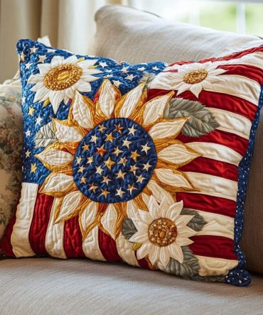 Sunflower Patriotic Quilted Throw Pillow Cover — Usa Flag Floral Decorative Pillow Case For Porch, Patio & Home