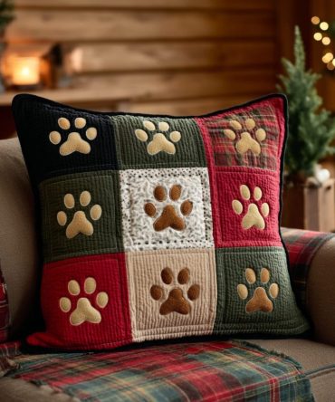Paw Holiday Quilted Pillow Cover — Cute Paw Print Seasonal Throw Pillow Case For Pet Lovers, Durable Decorative Accent For Home