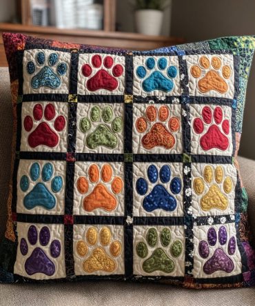 Paw Prints Quilted Pillow Cover - Cute Animal Print Decorative Throw Pillow Case, Soft Quilted Cotton, Hidden Zipper, Perfect Pet Gift