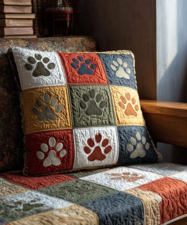 Paw Patch Cozy Quilted Pillow Cover — Adorable Patchwork Paw Design, Pet-Lover Throw Accent, Soft Quilted Cotton Blend, Reversible & Washable
