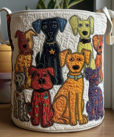 Pawfectly Playful Quilted Laundry Hamper - Adorable Dog Pattern Fabric Basket, Large Foldable Laundry Organizer With Strong Handles