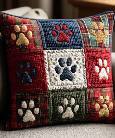 Pawliday Fun Quilted Pet Pillow Cover - Festive Dog & Cat Holiday Throw Pillowcase, Cute Paw Print Christmas Decor