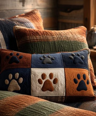 Pawprint Meadow Quilted Pillow Cover — Charming Paw-Pattern Decorative Pillowcase, Breathable Cotton Blend For Sofa & Bed