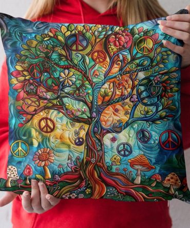 Peaceful Life Quilted Decorative Pillow Cover — Tranquil Nature Motif On Soft Cotton Throw Case For Calm, Minimalist Home Styling
