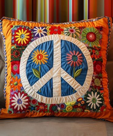 Classic Peace Sign Quilted Throw Pillow Cover — Retro Hippie Décor, Soft Quilted Accent For Living Room, Boho Vibe