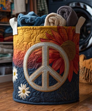 Peace Sign Quilted Laundry Hamper — Boho Peace Hippie Print Collapsible Basket With Strong Handles For Stylish Home & Dorm Organization