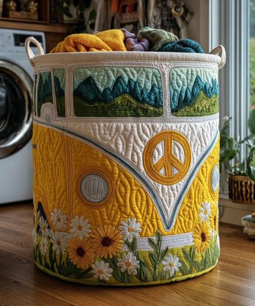 Peace Ride Quilted Laundry Hamper - Vintage Scooter & Peace Sign Print Fabric Basket, Collapsible Organizer, Durable, Machine-Washable