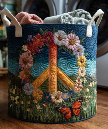 Peace Sign Daisy Field Quilted Laundry Hamper — Cheerful Daisy Print Foldable Laundry Basket, Washable Lightweight Storage Hamper For Home & Gifts
