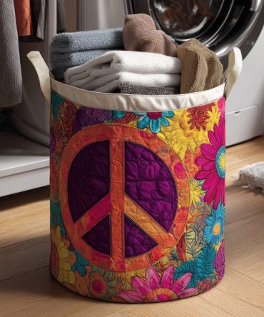 Peace Sign Earth Tone Quilted Laundry Hamper — Neutral Boho Foldable Laundry Basket, Washable Storage Hamper For Minimalist & Cozy Interiors