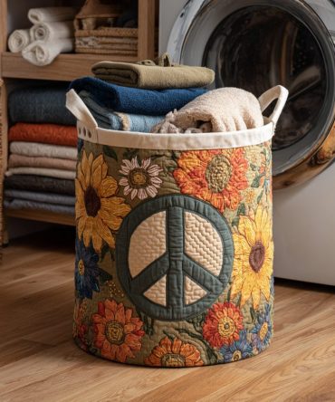 Flower Power Peace Sign Quilted Organizer — Colorful Foldable Laundry Hamper With Reinforced Handles For Stylish Home Storage
