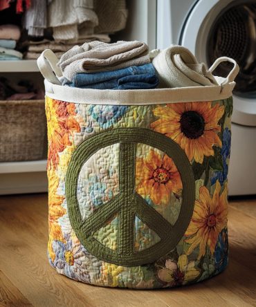Peaceful Meadow Quilted Laundry Hamper — Retro Peace Sign & Floral Fabric Basket, Collapsible Organizer For Home & Dorm