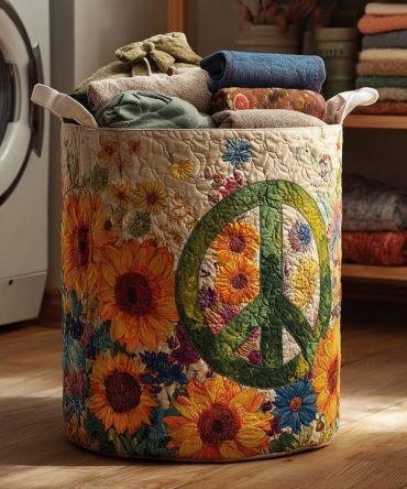 Peace Sign Sunshine Retro Quilted Storage Hamper — Boho Foldable Laundry Organizer With Handles, Vintage-Inspired Home Accent