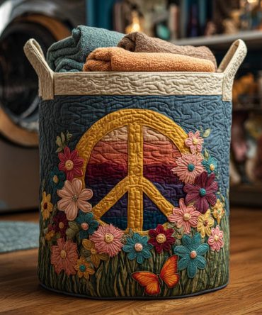 Peace Sign Wildflower Quilted Laundry Hamper — Boho Floral & Peace Print Foldable Storage Basket, Washable Hamper For Bedroom, Dorm & Gifts