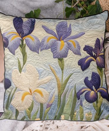 Peaceful Iris Quilted Pillow Cover — Elegant Floral Quilted Pillowcase For Bedroom, Sofa & Tranquil Spaces