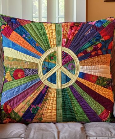 Peaceful Sunburst Quilted Pillow Cover — Soft Textured Throw Pillow Case With Radiant Peace Motif For Cozy, Retro-Boho Interiors