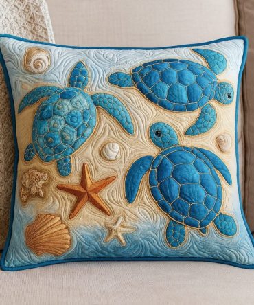 Peaceful Turtle Cove Quilted Pillow Cover — Coastal Turtle & Cove Motif Decorative Case, Soft Quilted Accent For Beachy & Kid-Friendly Rooms