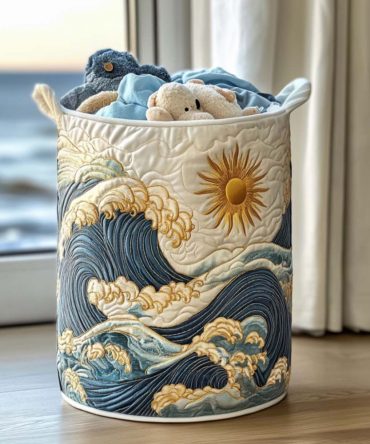 Peaceful Coastal Air Quilted Laundry Hamper - Seaside Print Foldable Fabric Laundry Basket, Lightweight & Washable