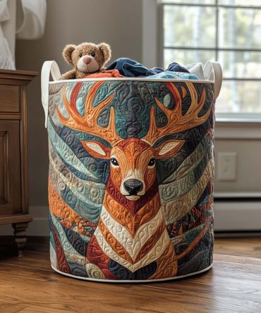 Peaceful Elk View Quilted Laundry Hamper - Woodland Elk Scene Fabric Basket, Foldable Durable Laundry Organizer For Cabin & Rustic Homes